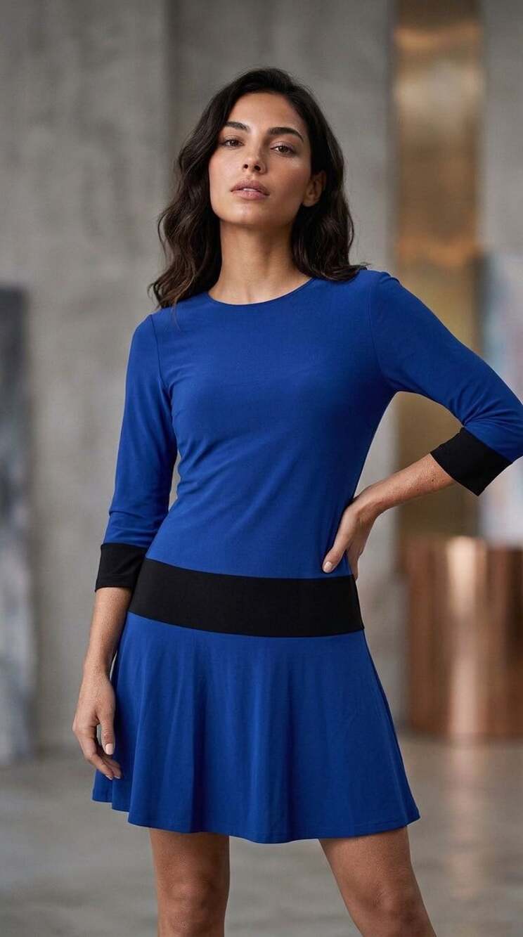 Ali Ro Dress Size 6 Blue Black Colorblock 3/4 Sleeve A-Line Midi